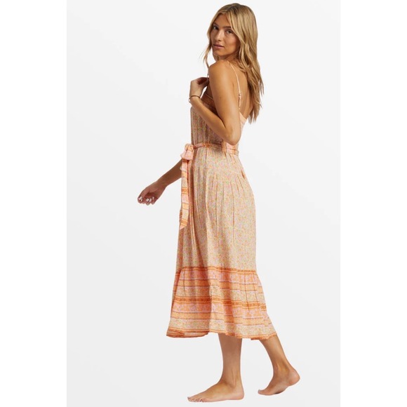 Billabong Floral Print Midi Sundress Strappy Belted Orange Pink Wish For You "M" - Picture 3 of 6